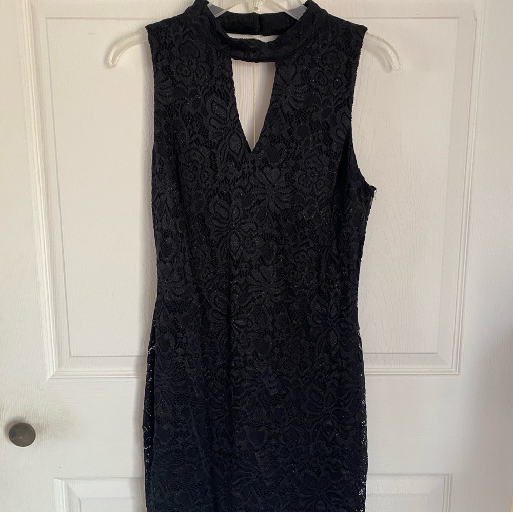 BCX Women's Black Lace Mini V Neck Dress L Sparkly Juniors Party Large L